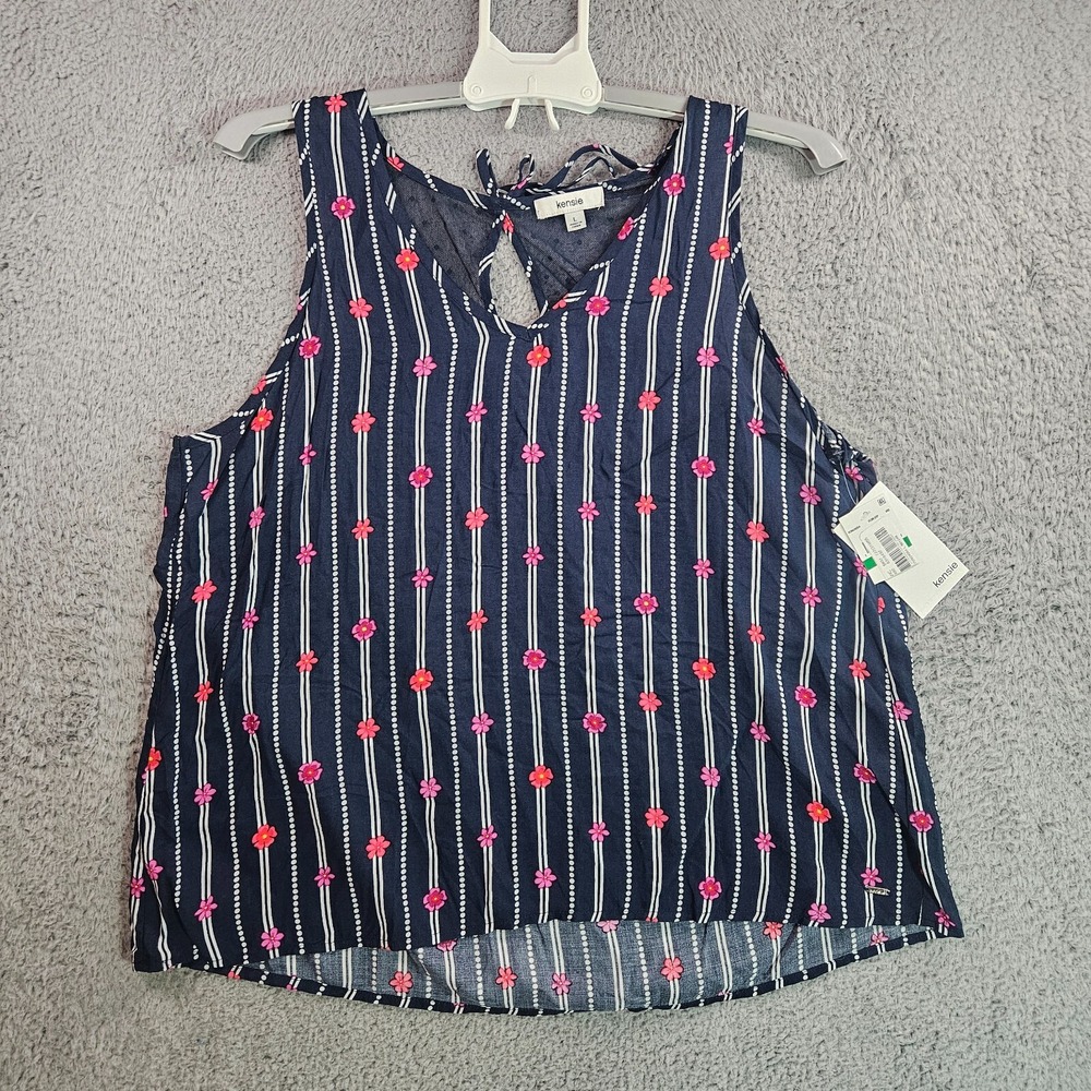 NWT - Kensie Sleeveless Top Blouse Women Large Navy BlueWhite Striped‎ - NEW